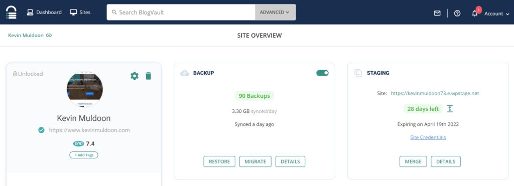 The main site dashboard of BlogVault now shows staging.
