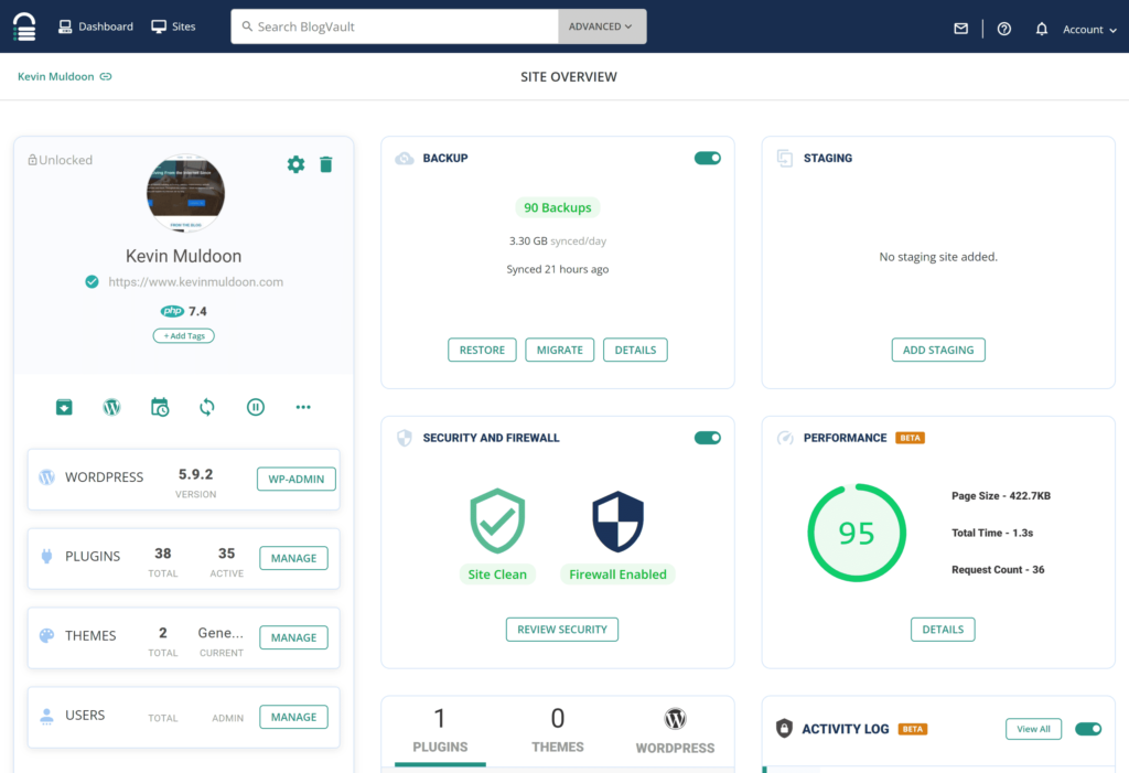 The main dashboard of BlogVault.