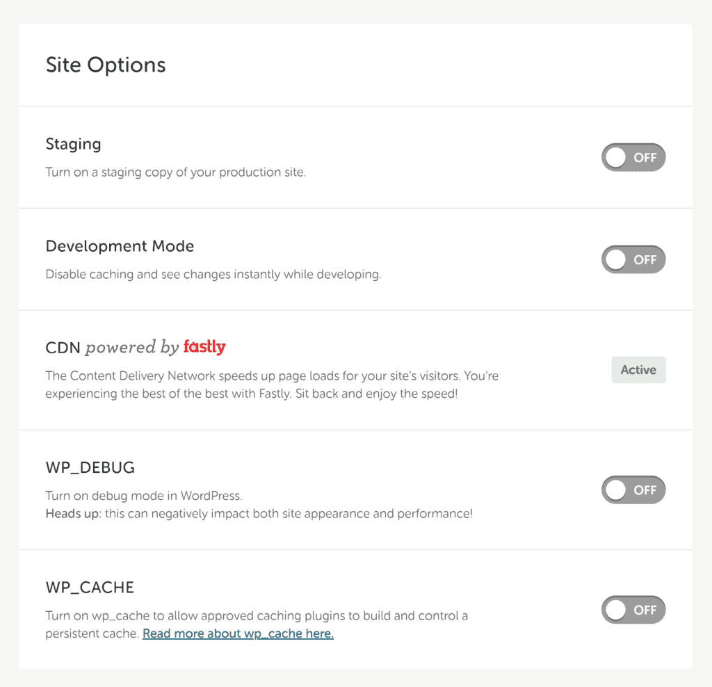 The Site Options area.