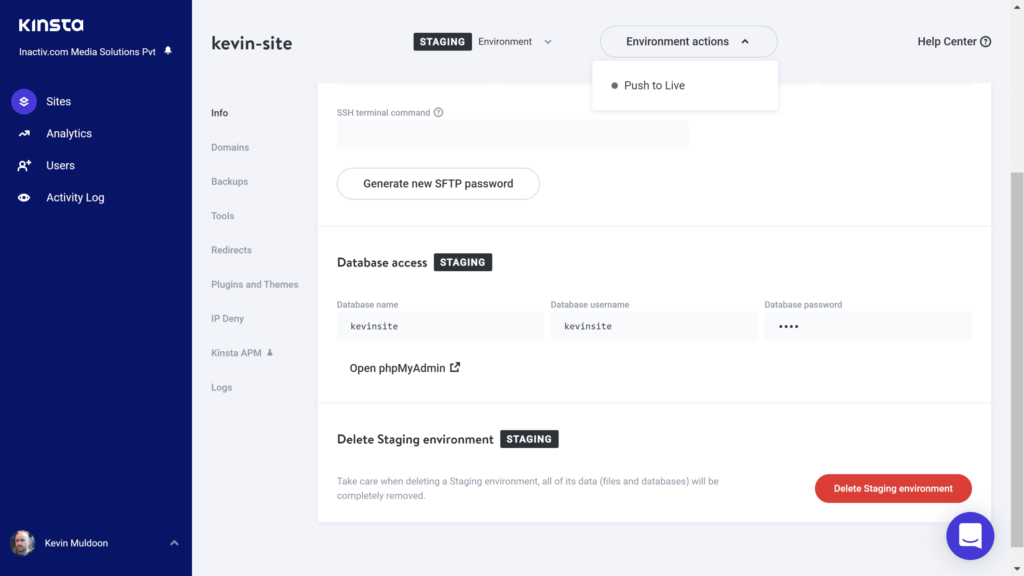 Administrating a staging website in Kinsta.