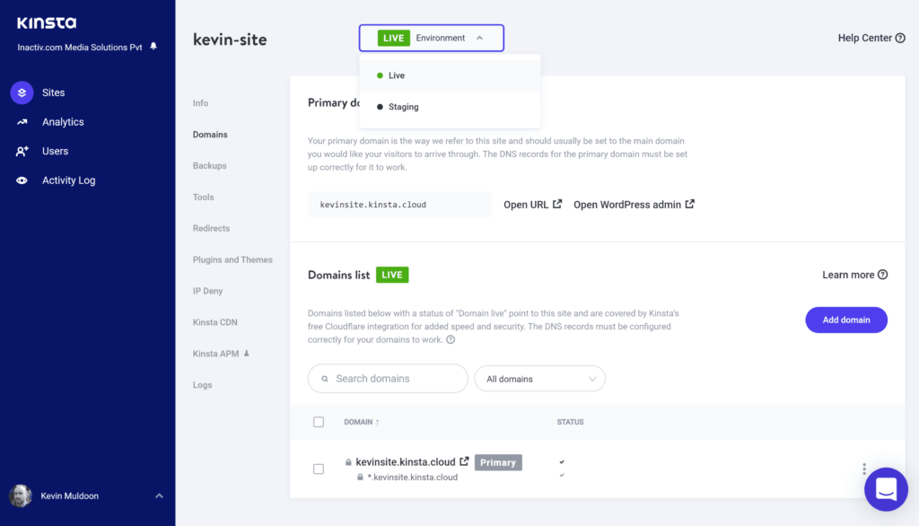 Switching to a development area is simple with Kinsta.
