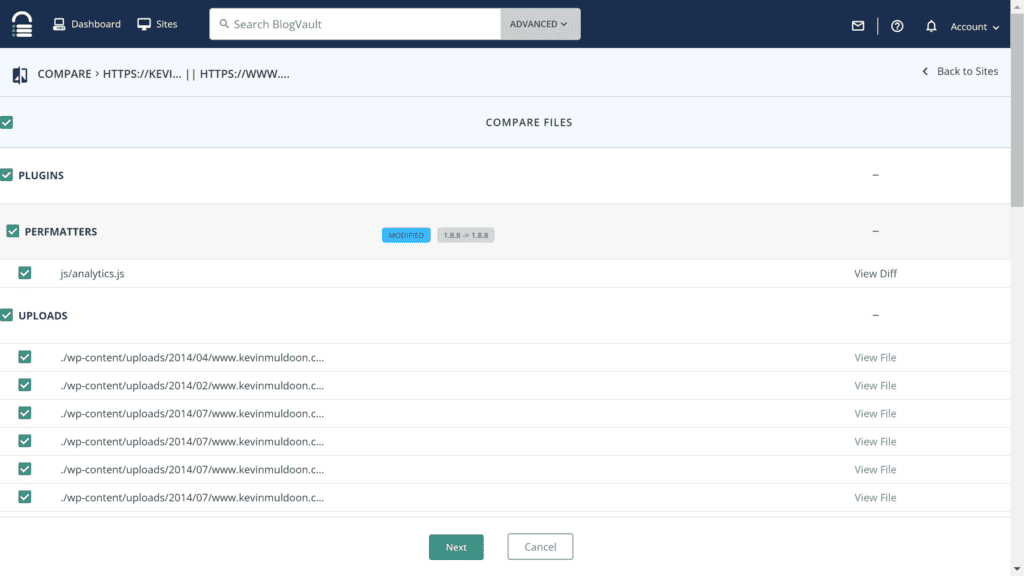 Comparing sites in BlogVault.