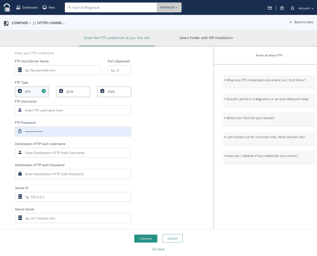 Enter your FTP connection details.
