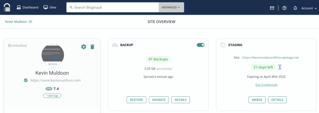 The site overview page of BlogVault.