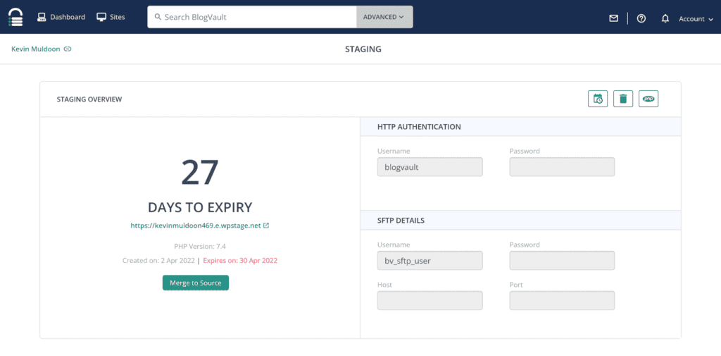 The BlogVault staging overview page.