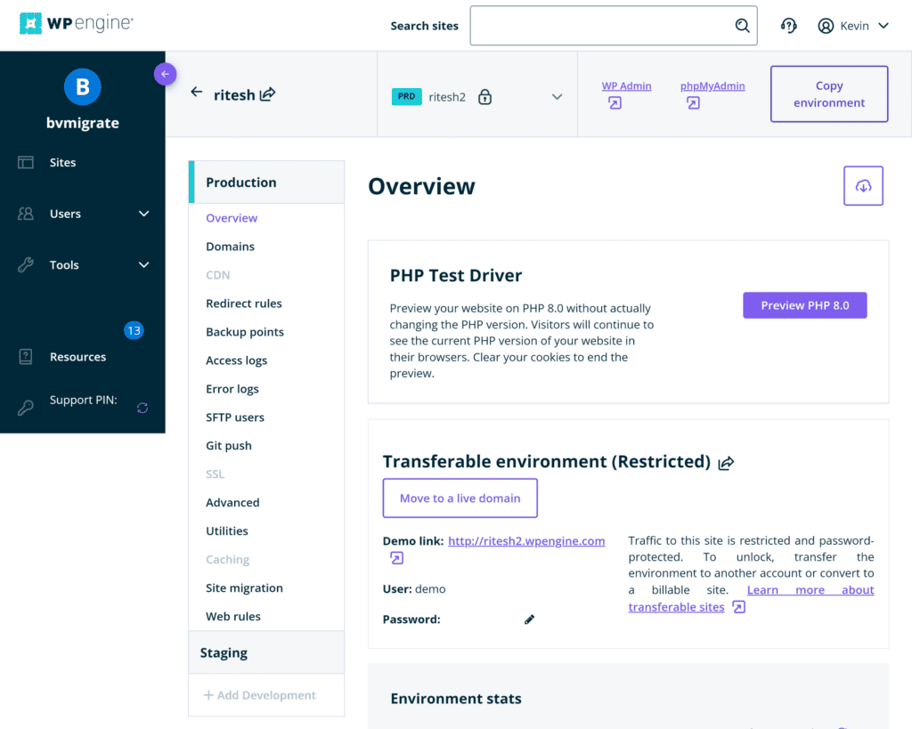 The WP Engine overview page