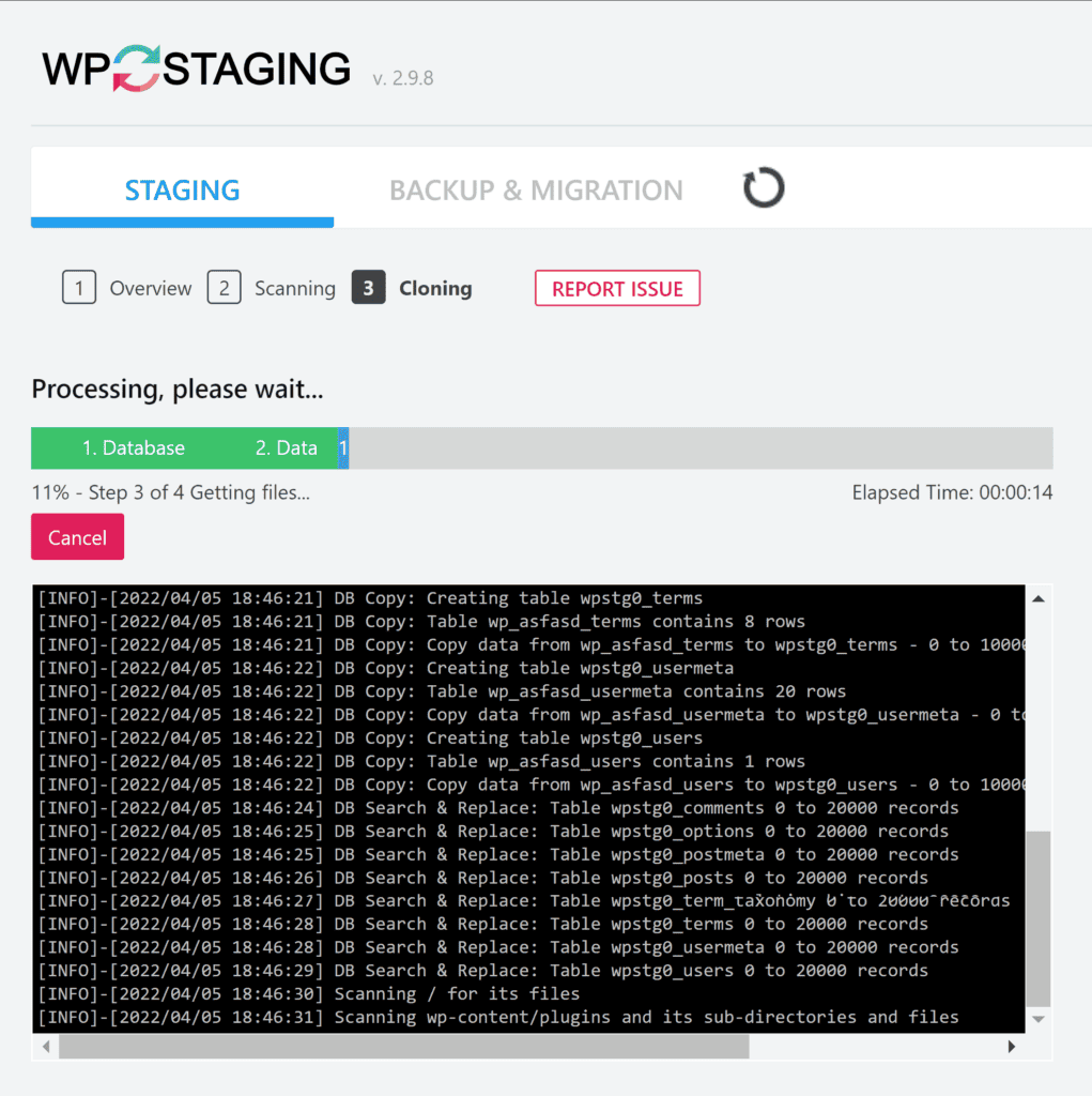 Processing the backup for your website.