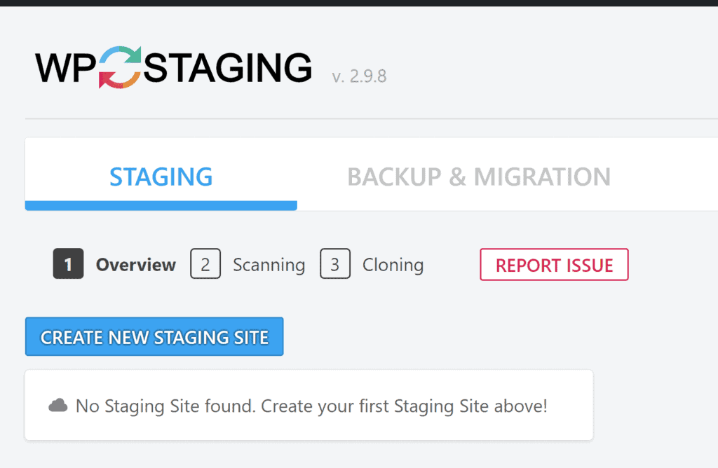 The overview page of WP Staging.