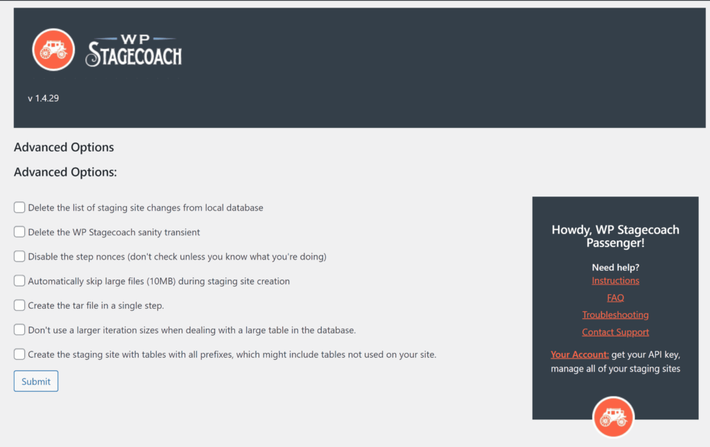 The advanced settings page of WP Stagecoach.