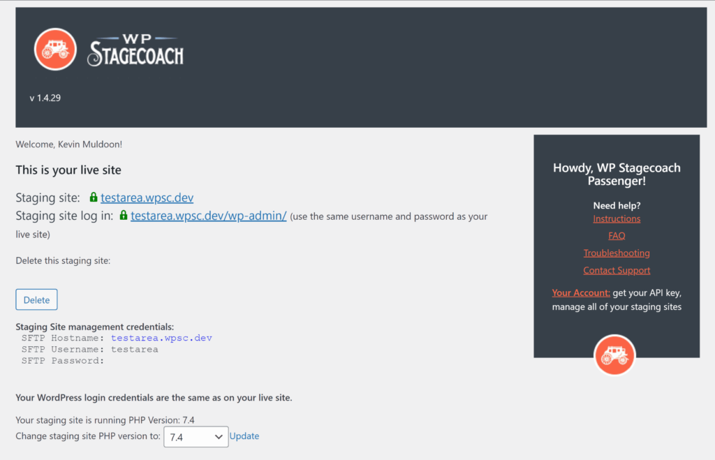 Login information for your new staging area.