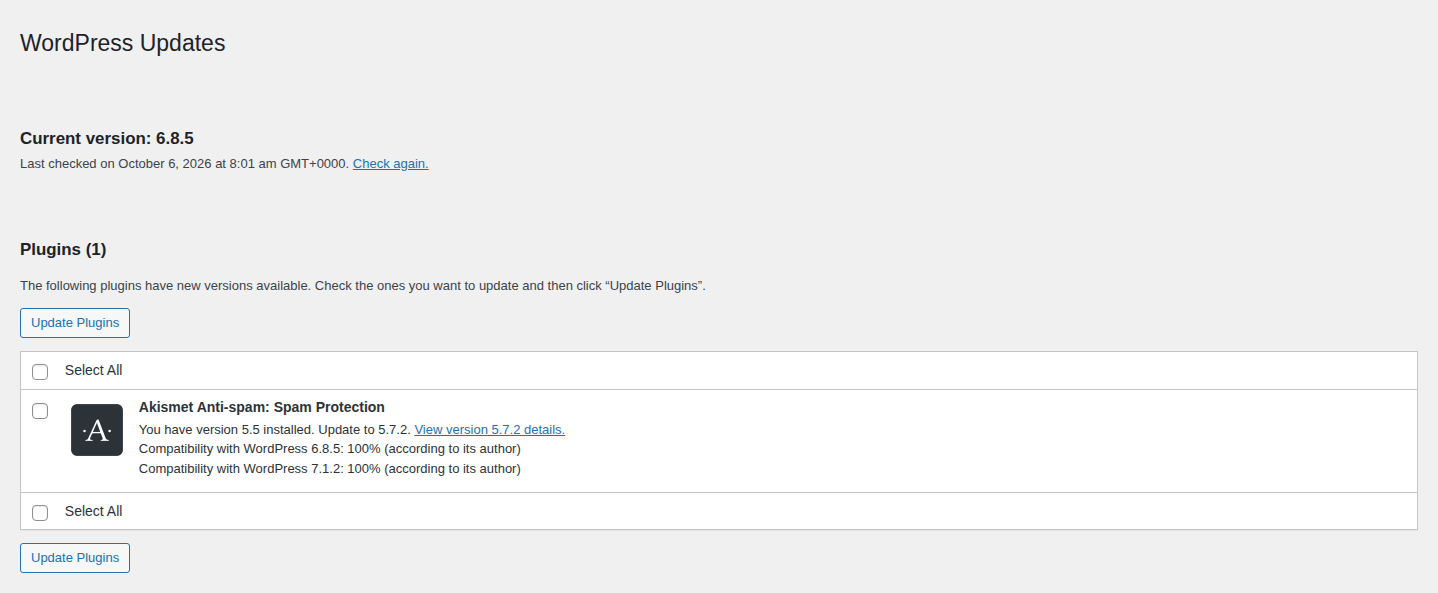 WordPress Updates screen showing the Check Again control, current WordPress version, last update-check time, and an available Akismet release