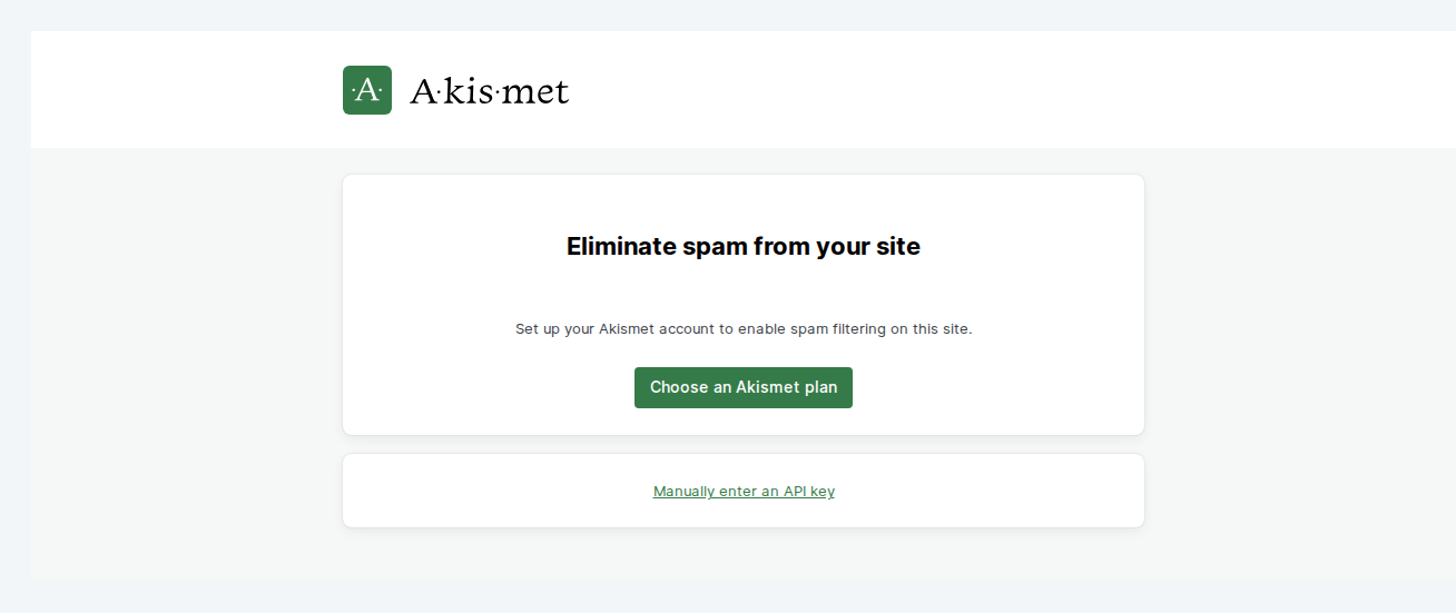 Akismet plugin settings page requesting an account or API key for its service