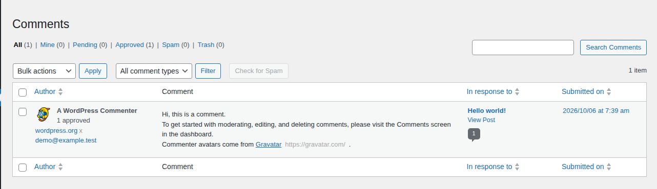 WordPress Comments dashboard showing an approved comment, Spam count, and Check for Spam control