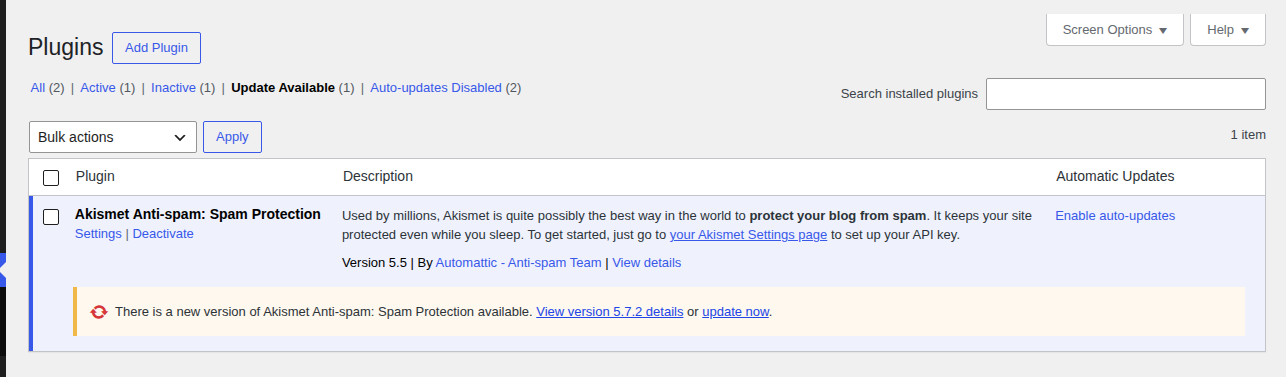 WordPress Installed Plugins screen with the Update Available filter selected