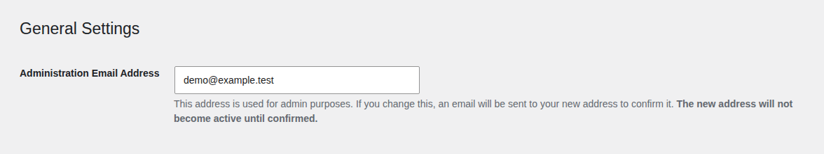 WordPress General Settings showing the Administration Email Address field