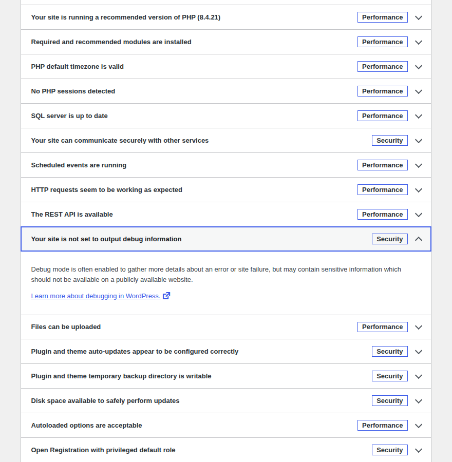 WordPress Site Health warning that debug information is not being output