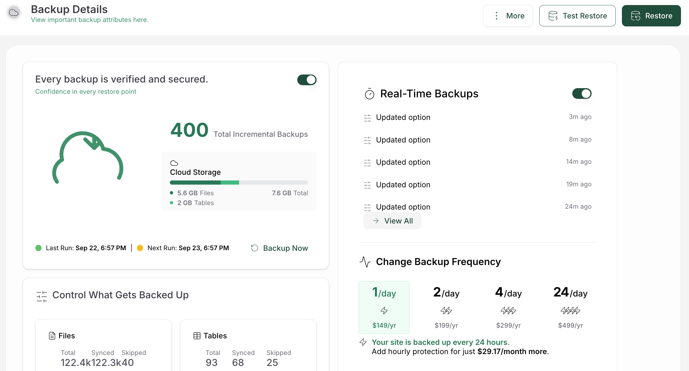 BlogVault backup details showing a restore point and backup information