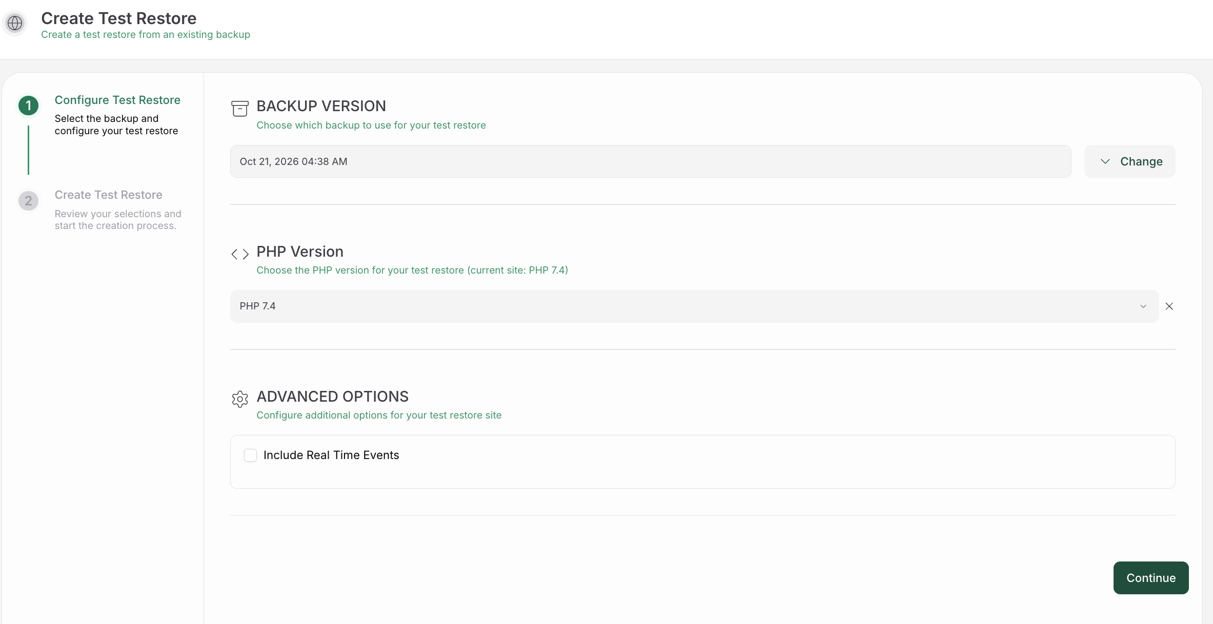 BlogVault screen for creating a test restore or staging copy of a WordPress site