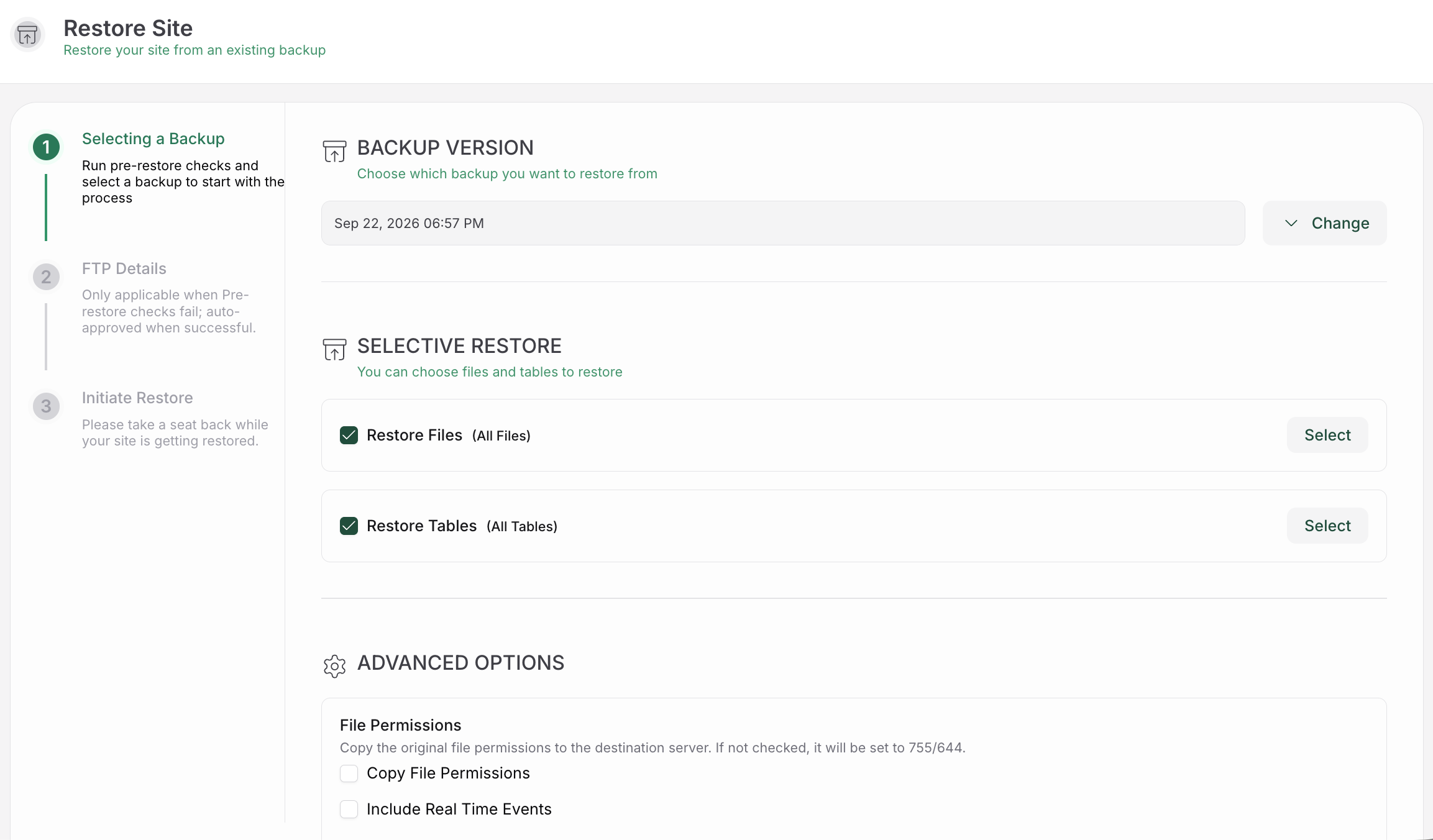 BlogVault interface for restoring a WordPress site from a backup