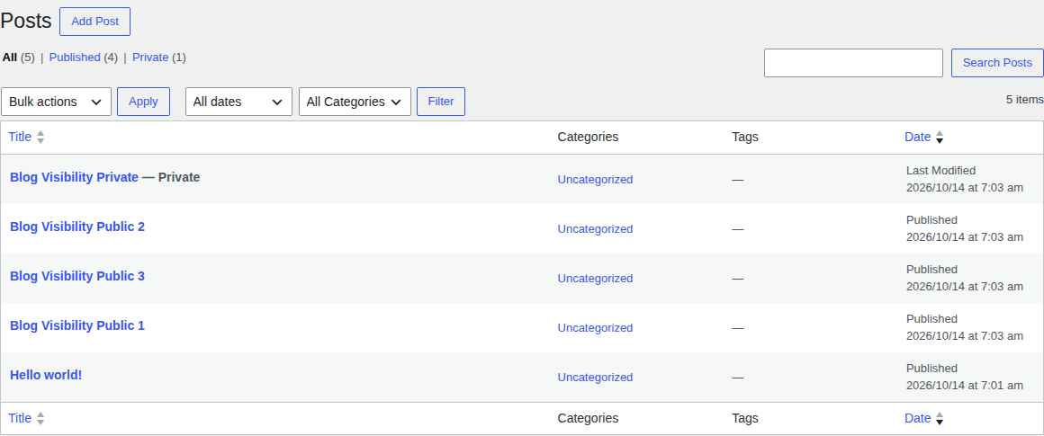 WordPress Posts list showing published public and private post statuses