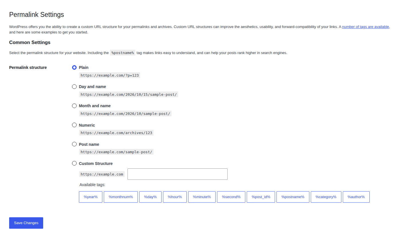 WordPress Permalink Settings screen with the current URL structure and Save Changes button