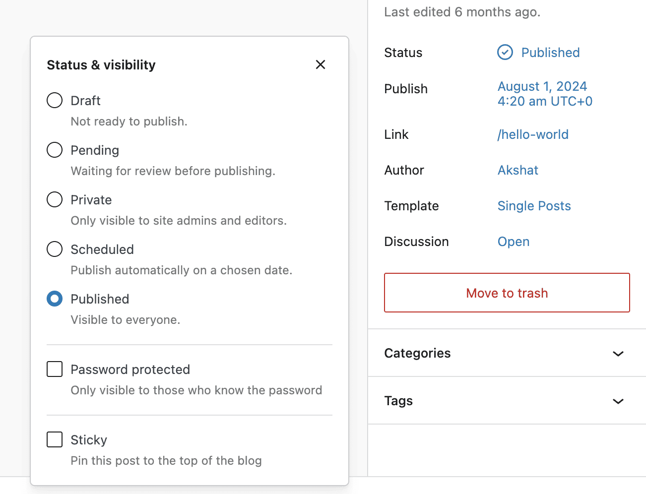 WordPress post settings showing publication status, visibility, and publish date