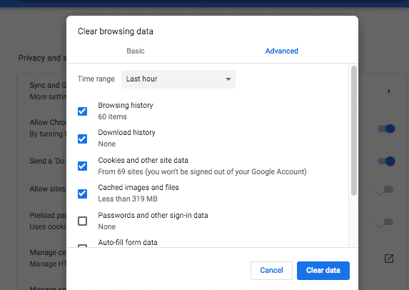Chrome settings for clearing cached browser data