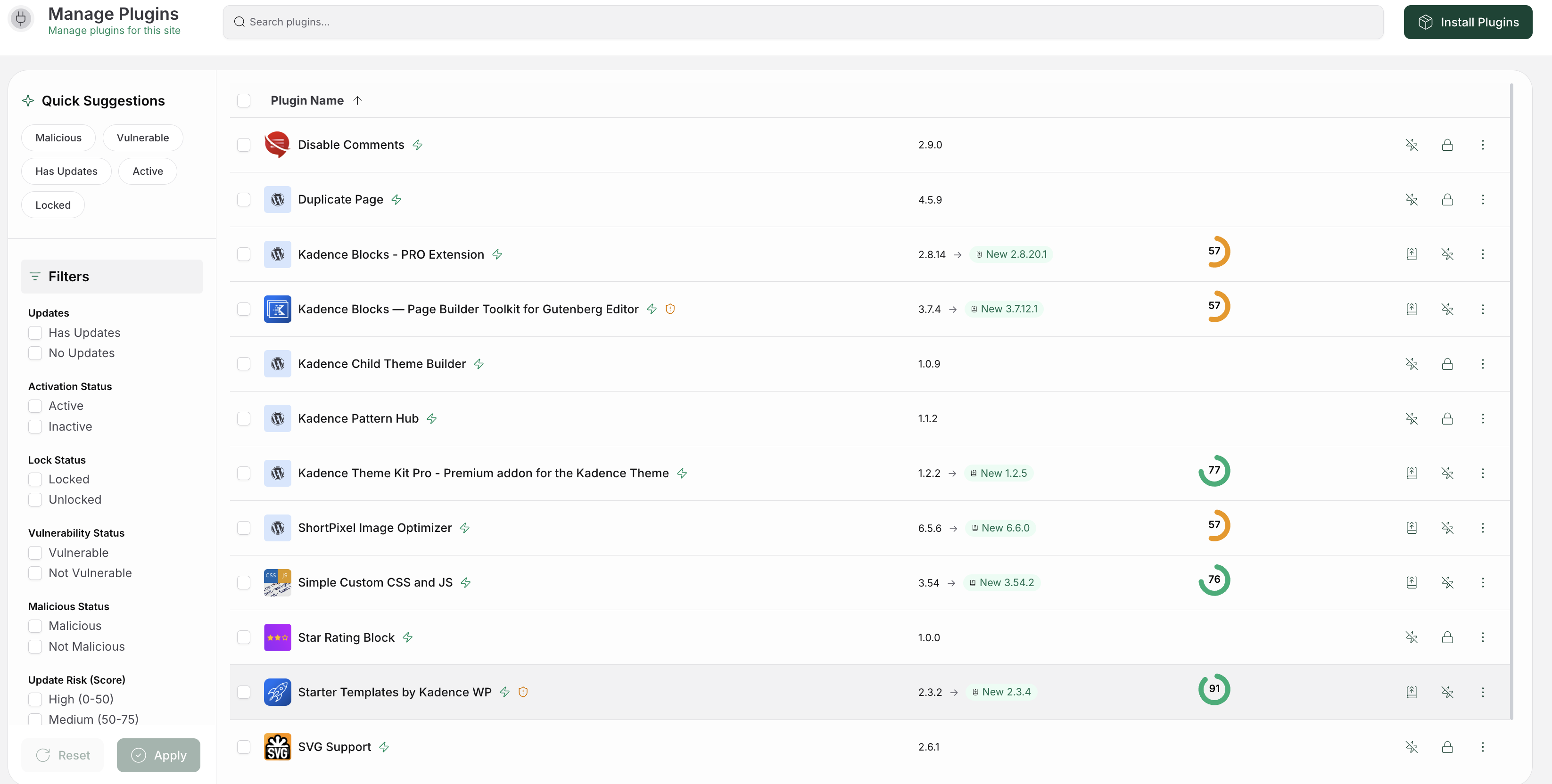 WordPress plugin management screen