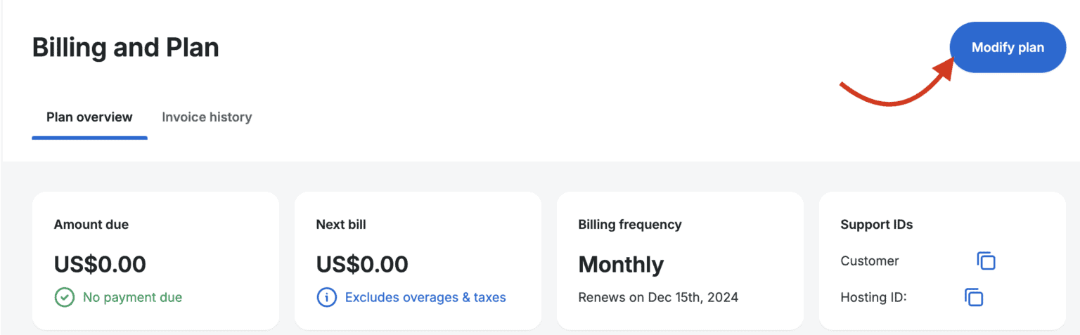 Hosting panel option for modifying a hosting plan