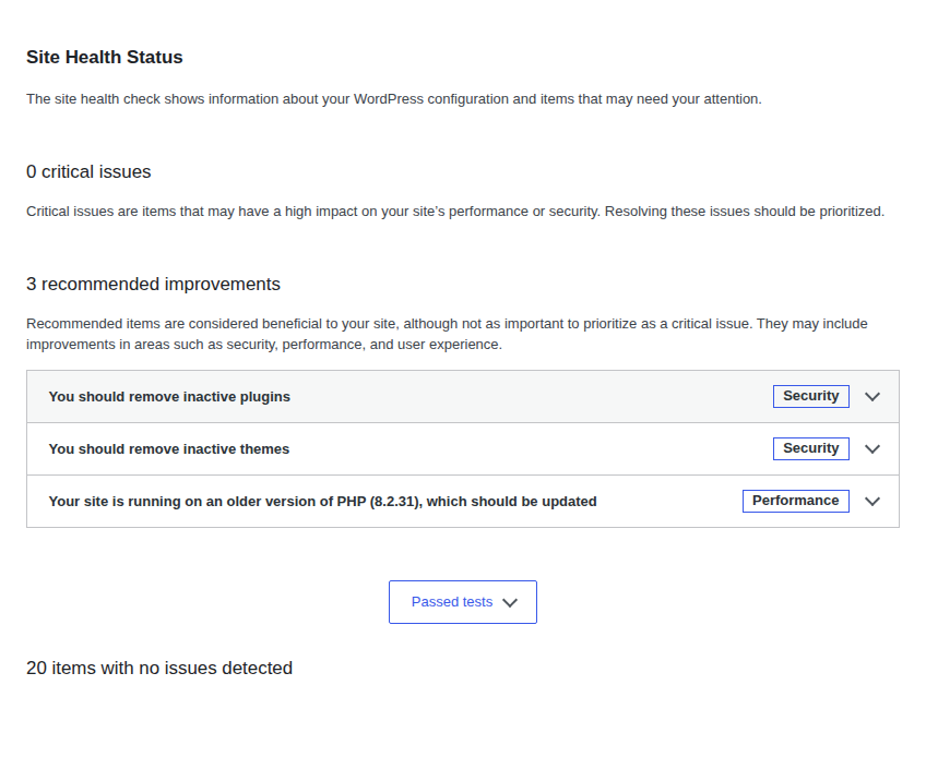 WordPress Site Health status with diagnostic results
