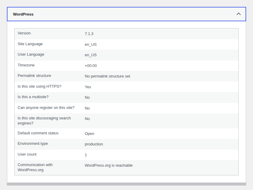 WordPress Site Health Info showing environment details