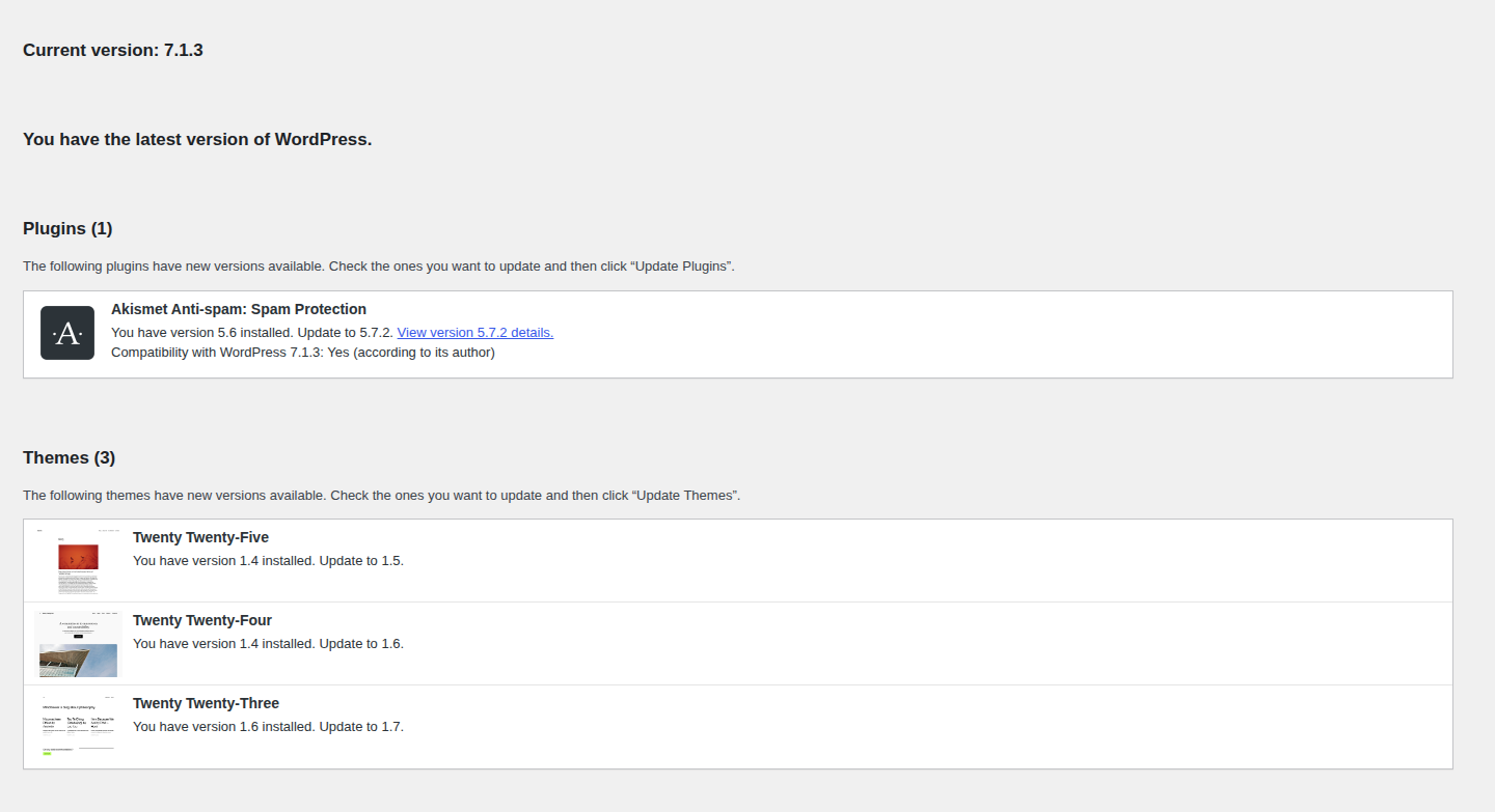 WordPress Updates screen showing pending component updates