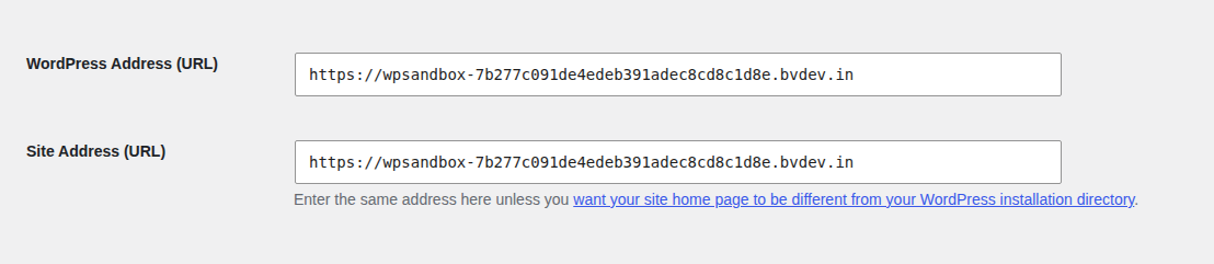 WordPress General Settings showing WordPress and site addresses