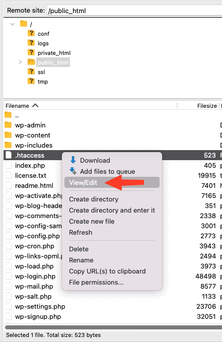 Editing the .htaccess file in FileZilla