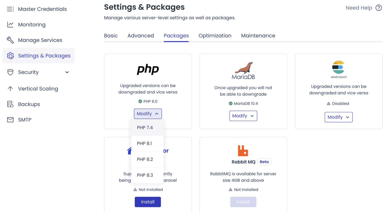 WordPress hosting interface for upgrading the PHP version