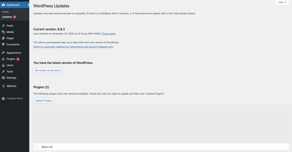 Check for updates on dashboard