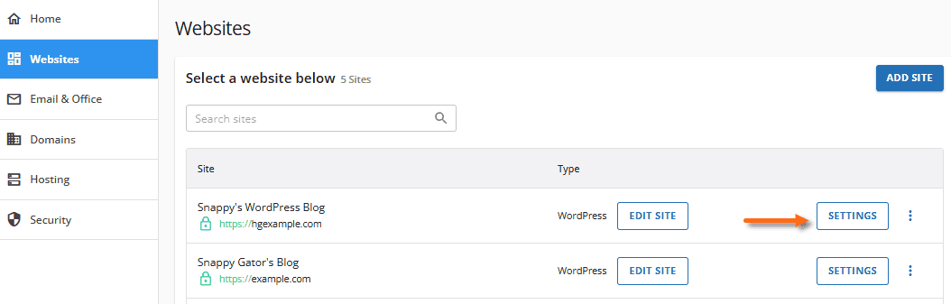 Settings for site in HostGator