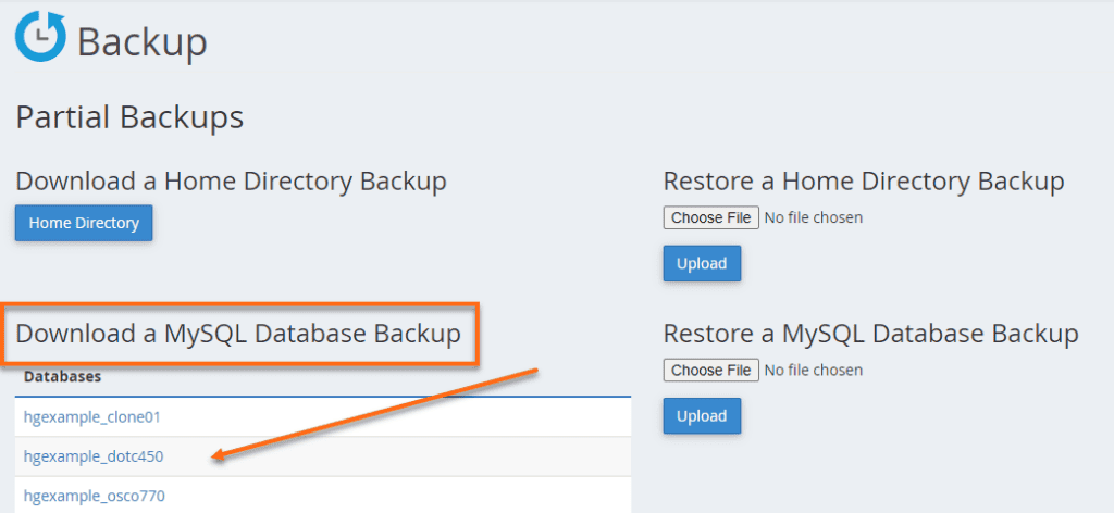 cPanel database backup
