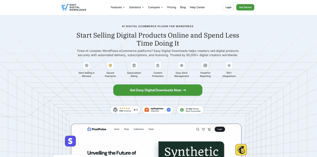 Easy digital downloads homepage.