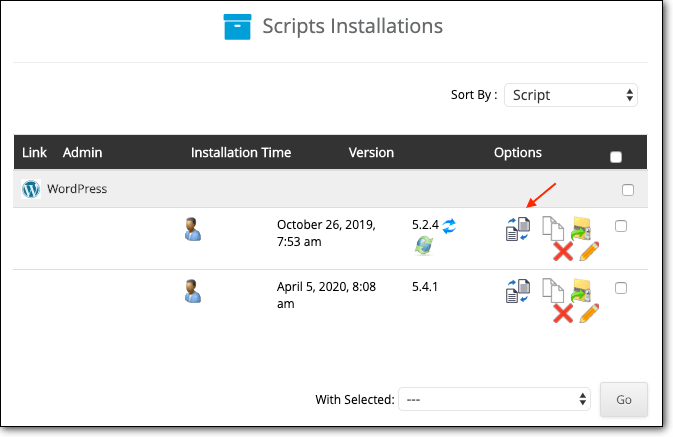 Select the staging icon in softaculous app installer