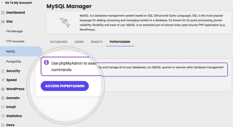 MySQL manager siteground