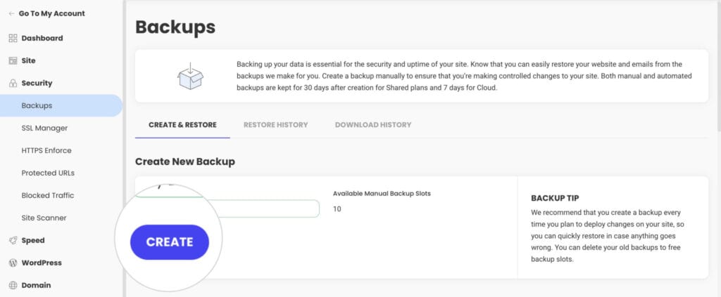 Create backups siteground