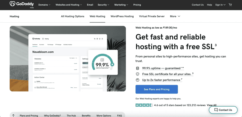 GoDaddy hosting homepage