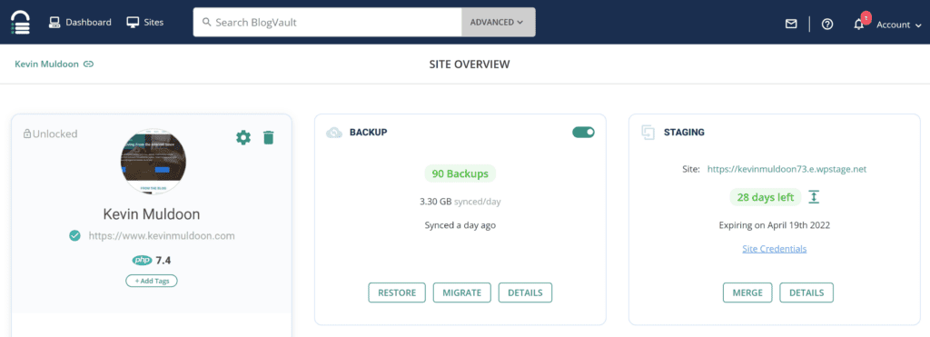 BlogBault Site Dashboard With Staging