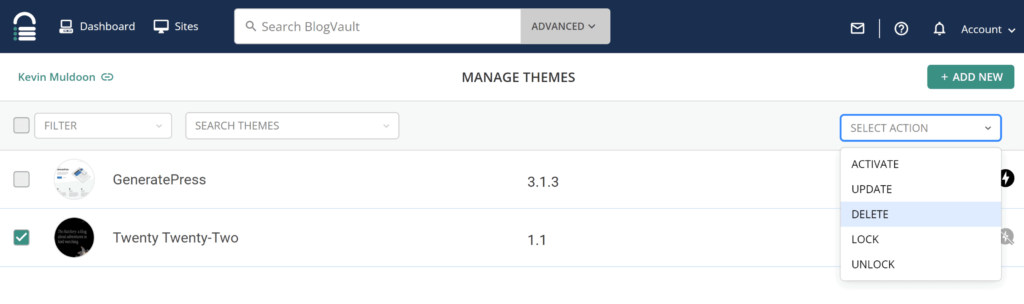 BlogVault manage themes dashboard