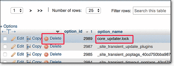 Delete core_updater lock from wp-options table 
