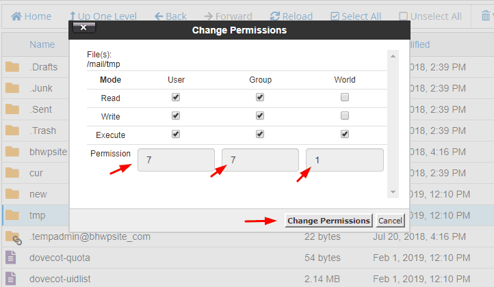 File manager change permission popup