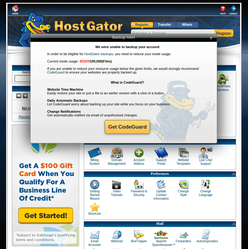 Even when the number of files is within the permitted limit, HostGator asks to delete files for them to be backed up, or to use CodeGuard instead