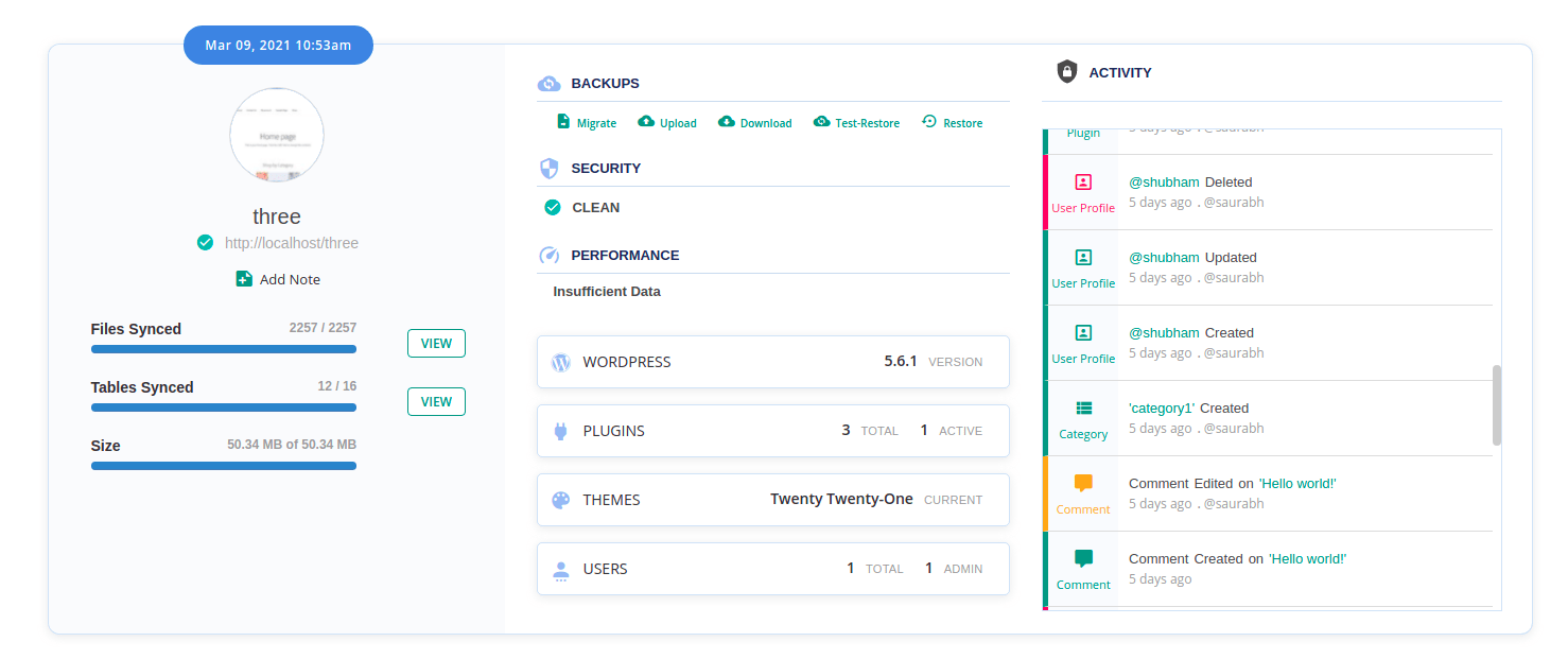 User activity log on History page to see major changes