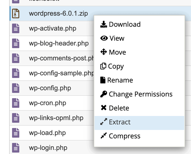 extracting WordPress zip file